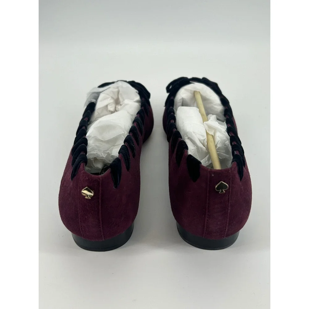 Kate Spade Velvet Bow Flats Burgundy Wine Scalloped Trim Pointed Toe 8.5 NWT